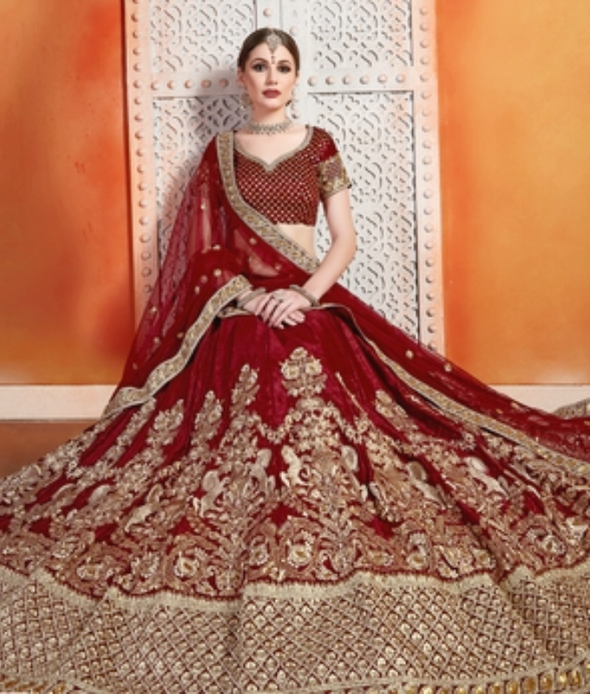 Women Maroon Semi Stitched Floral Lehenga